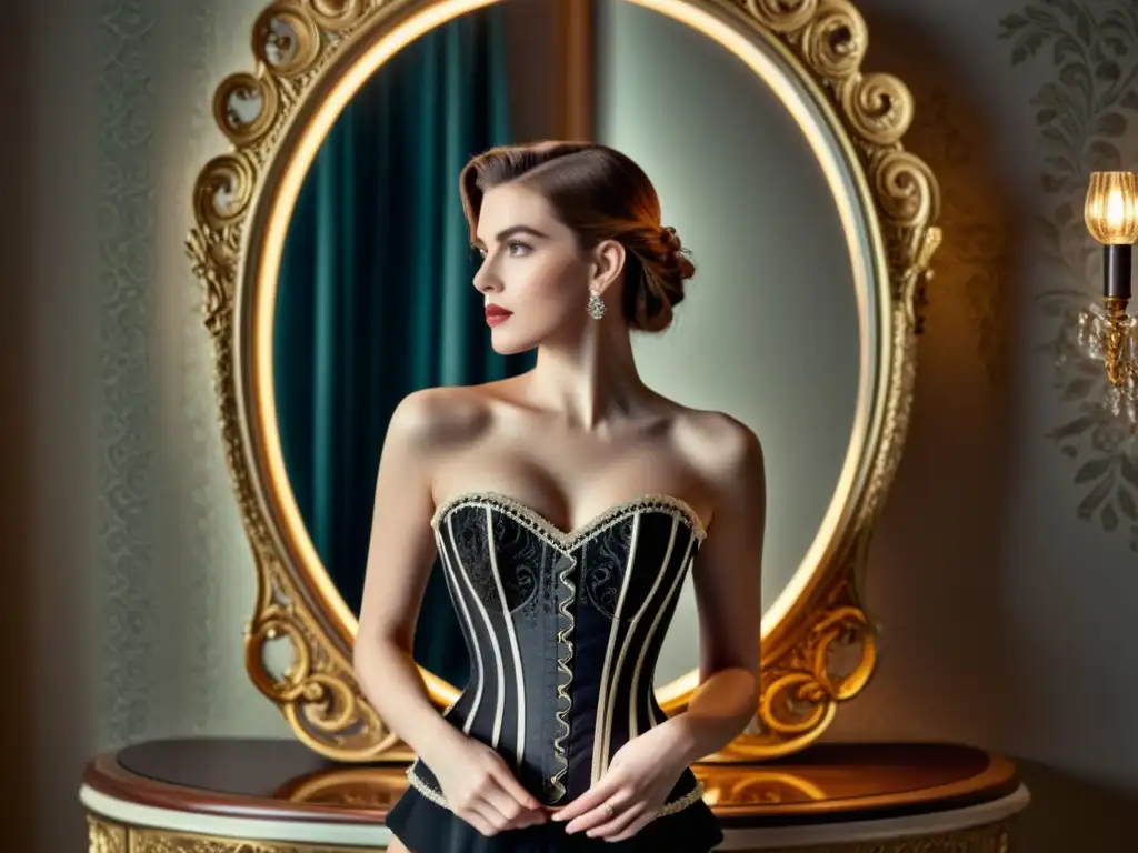 Corset moderno en 8k: elegancia y confianza frente al espejo Modelo con corset moderno posa frente a espejo victoriano