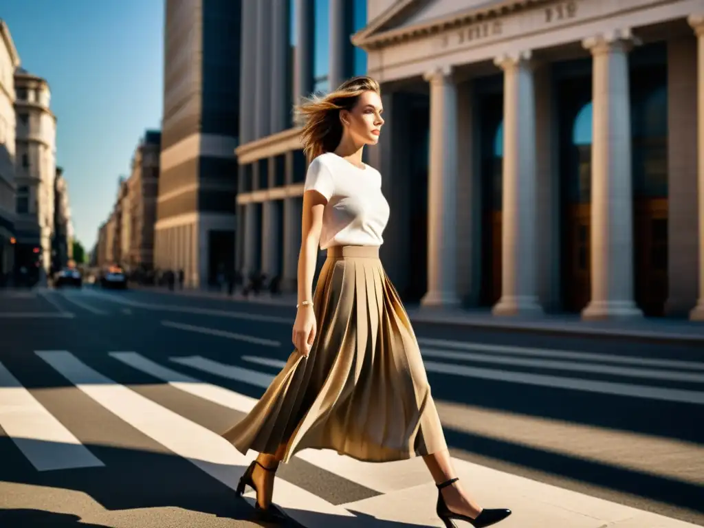 Una modelo camina con elegancia por una calle urbana luciendo una falda plisada, capturando la fusión de historia y modernidad