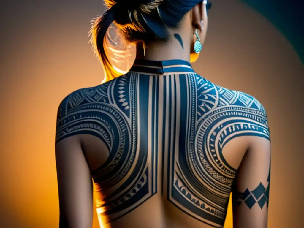 Una modelo de moda muestra tatuajes tribales detallados en su espalda