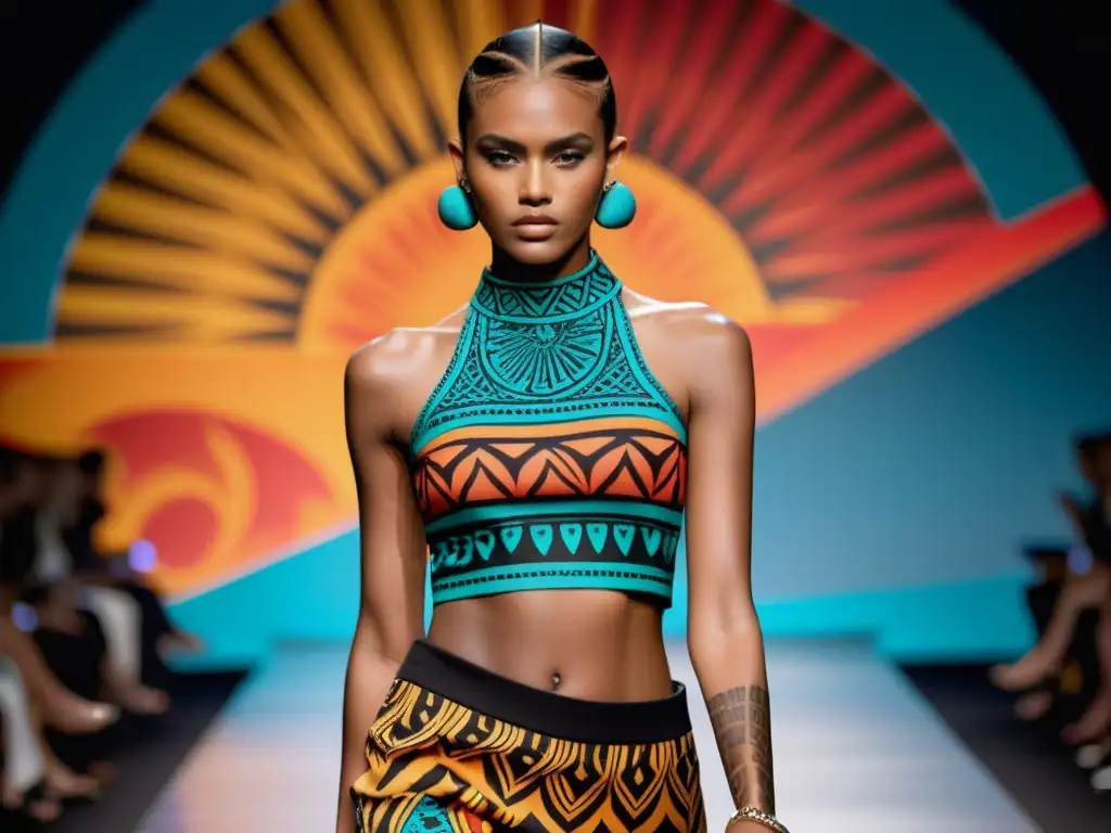 Modelo en pasarela con tatuajes tribales y moda vanguardista, fusionando influencias culturales