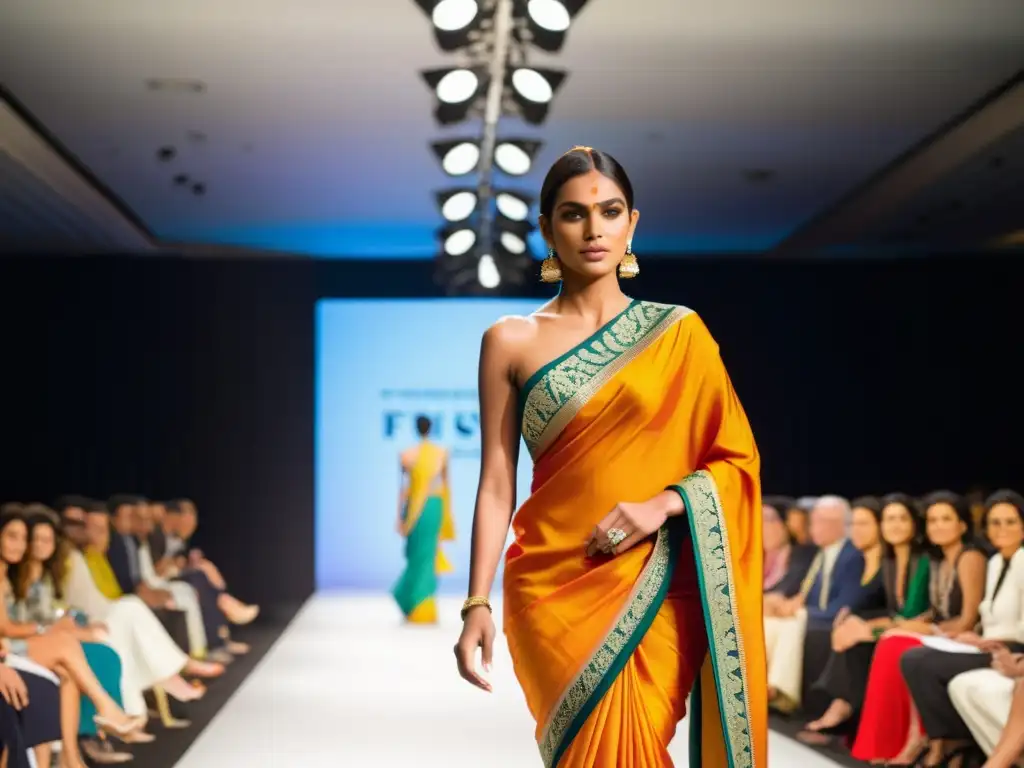 Modelo desfila con un Sari vibrante, fusionando moda India y tendencias occidentales en la pasarela internacional