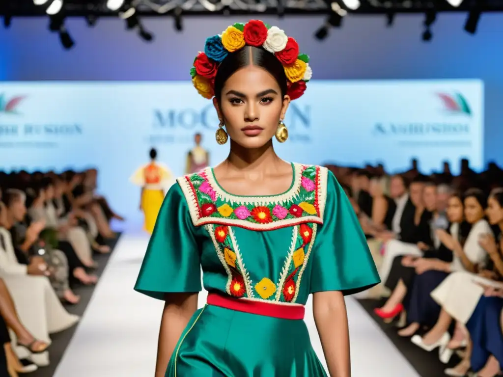 Modelo desfila en traje folklórico de lujo mexicano, fusionando herencia y moda ante audiencia profesional