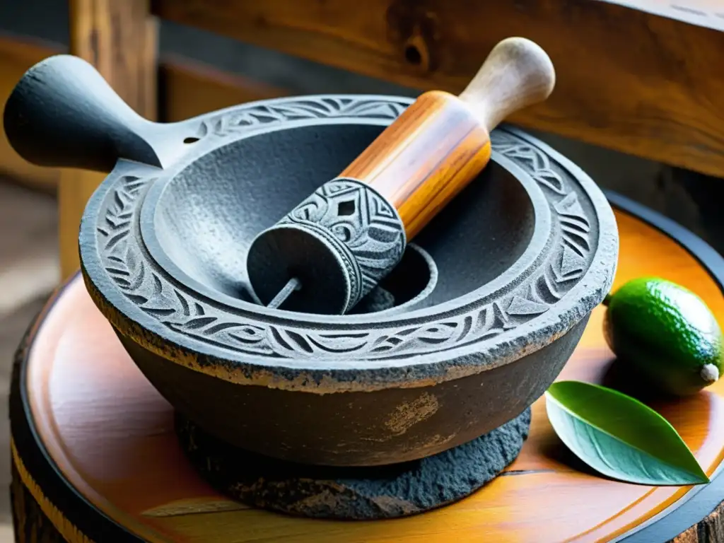 Un molcajete y tejolote mexicano tradicional, desgastado por el tiempo, reposa sobre una mesa de madera gastada