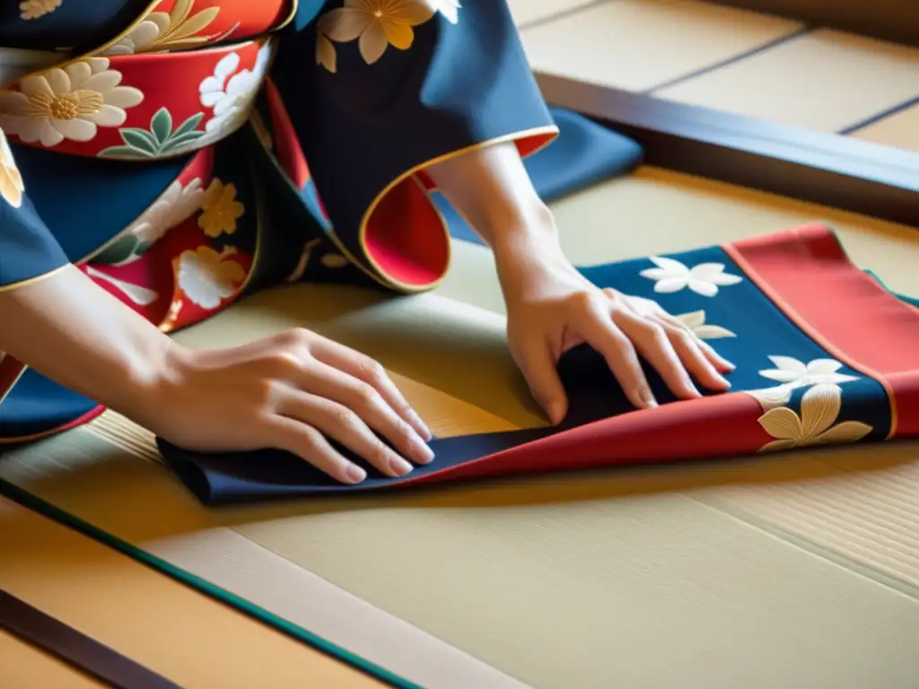 Un momento tranquilo mientras se dobla con cuidado un kimono japonés sobre un tatami, resaltando la artesanía y el significado del kimono en Japón