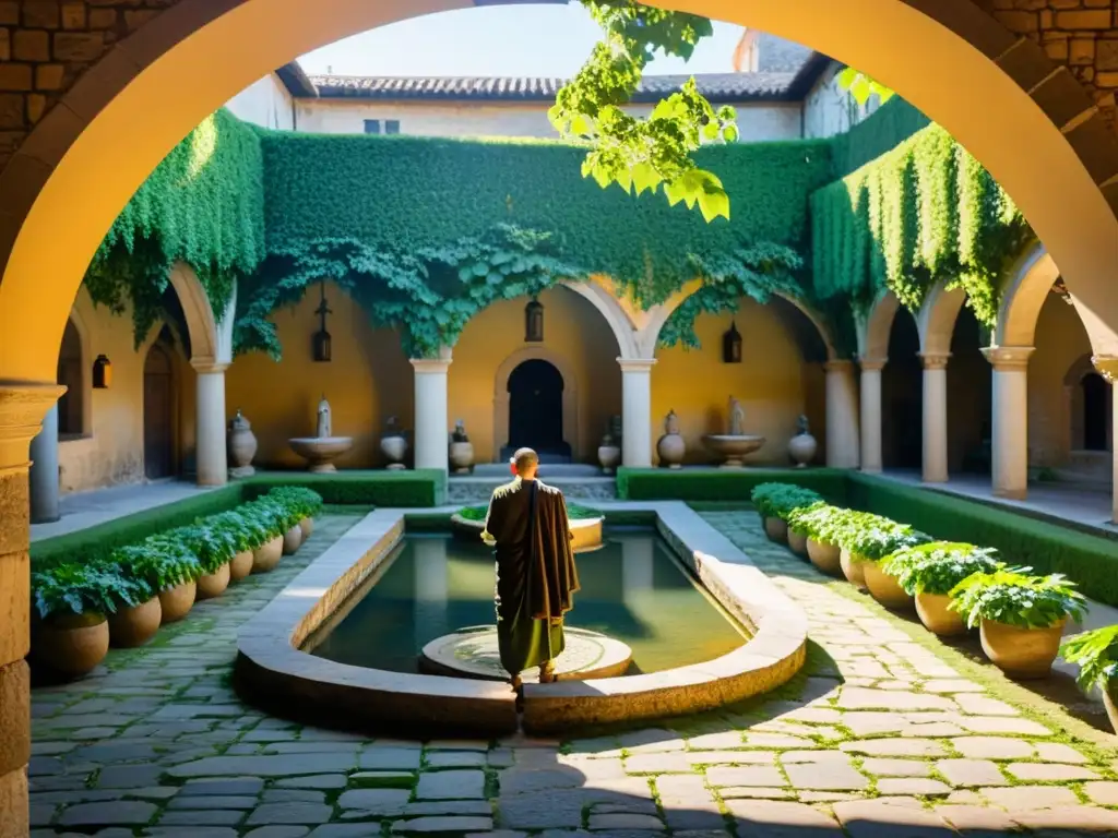 Monasterio centenario con patio soleado, fuente y monjes, ideal para retiros espirituales en monasterios históricos