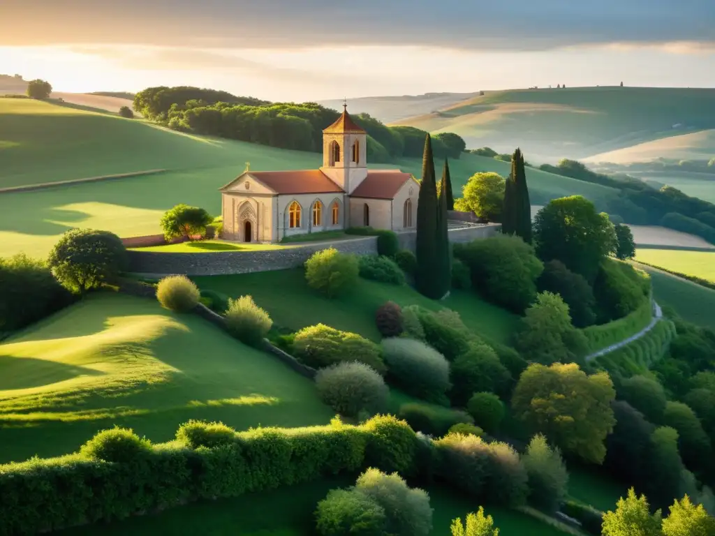 Un monasterio centenario entre verdes colinas, bañado por la cálida luz del atardecer