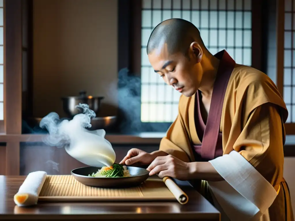 Un monje budista japonés prepara con delicadeza una comida vegetariana en una cocina serena, conectando con la historia y tradición budista japonesa