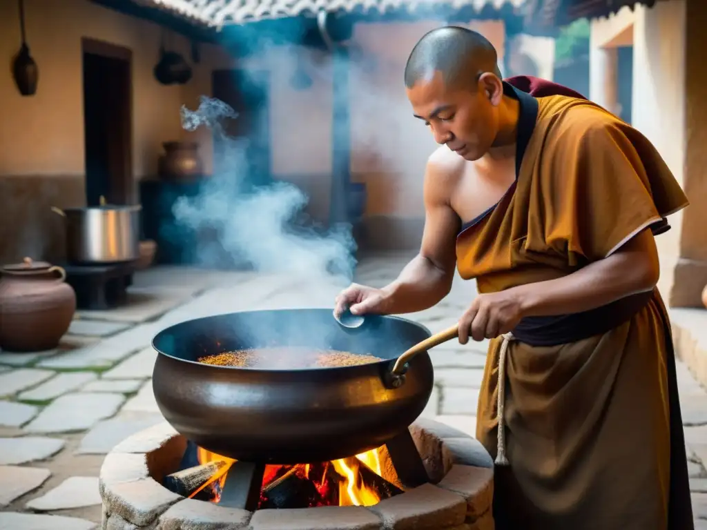 Un monje en tradicionales ropas, remueve suavemente una gran olla de guiso burbujeante sobre fuego abierto, en la cocina monástica tradicional sabores