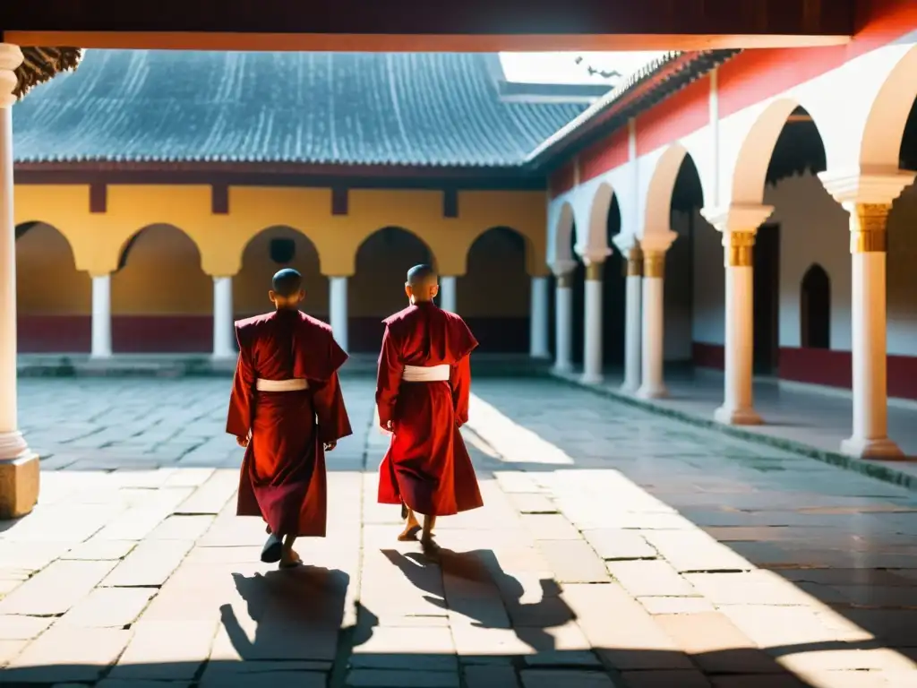 Monjes en atuendos rojos caminan en un monasterio histórico en Bután