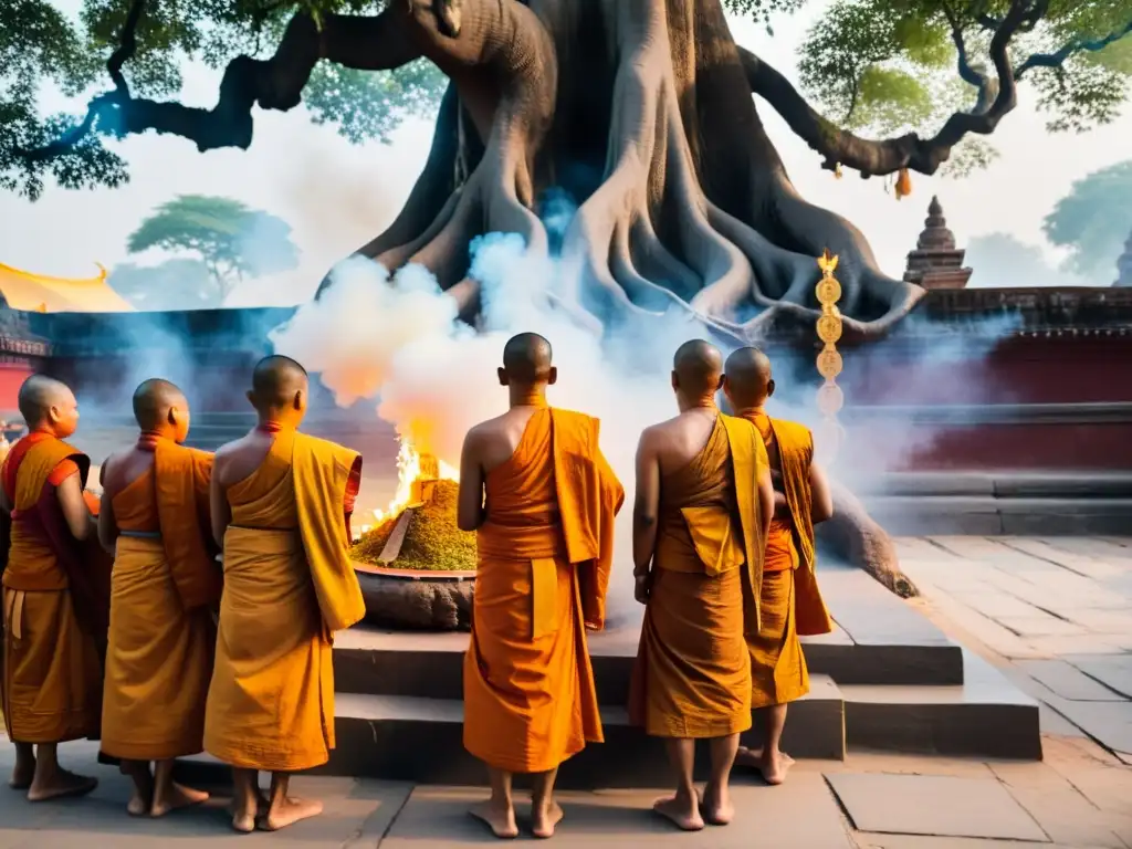 Monjes budistas realizan un ritual bajo el árbol Bodhi en Bodh Gaya, India, creando una atmósfera espiritual y serena