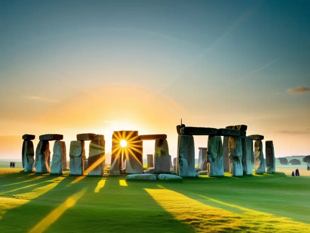 Monumento Stonehenge en el solsticio de verano, con una atmósfera mística y celebración milenaria