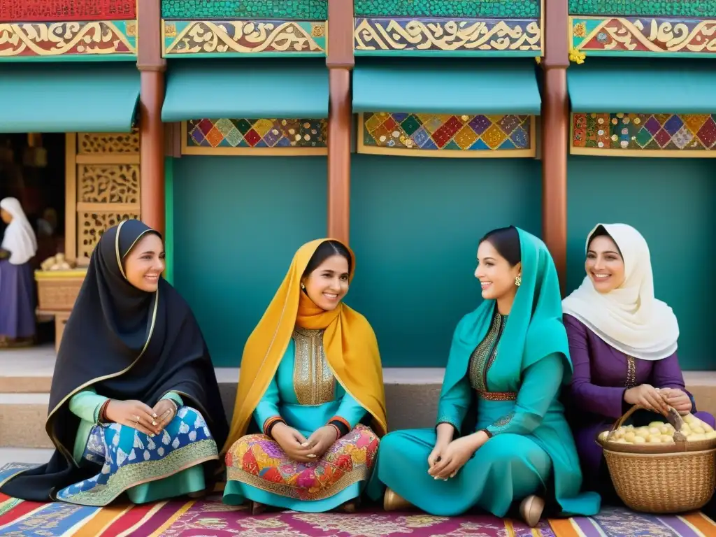 Un mosaico detallado de mujeres en un mercado islámico, reflejando la rica herencia cultural y el arte islámico