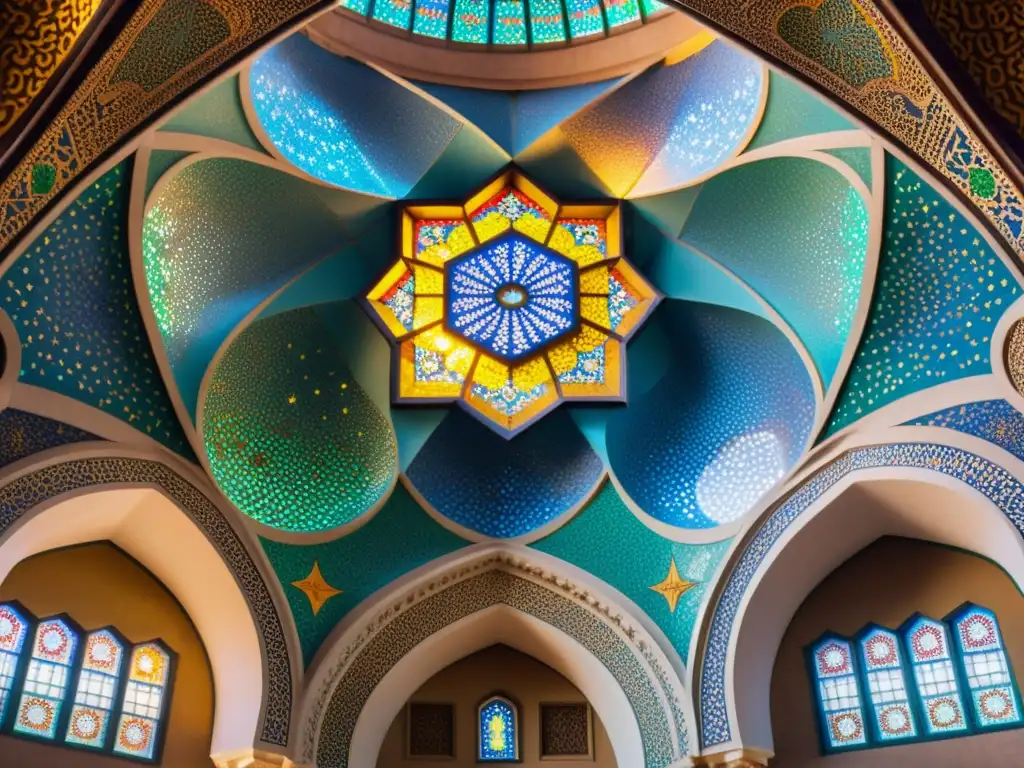 Mosaico de techo en mezquita islámica, con patrones geométricos y colores vibrantes