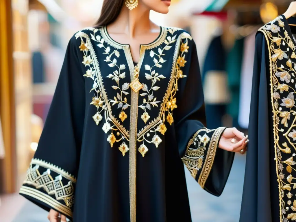 Una mujer viste una abaya negra bordada con hilos de oro y plata, paseando por un bullicioso mercado de Medio Oriente