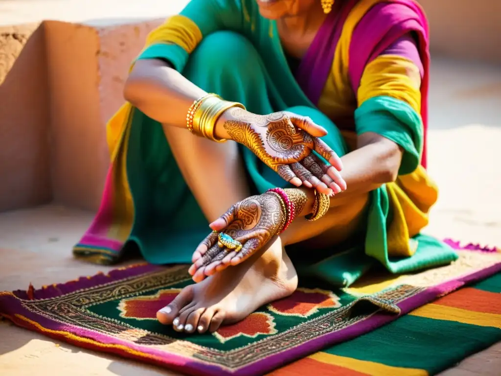 Una mujer anciana aplica hermosos diseños de henna a una joven en la vibrante feria Pushkar, inmersas en tradiciones espirituales