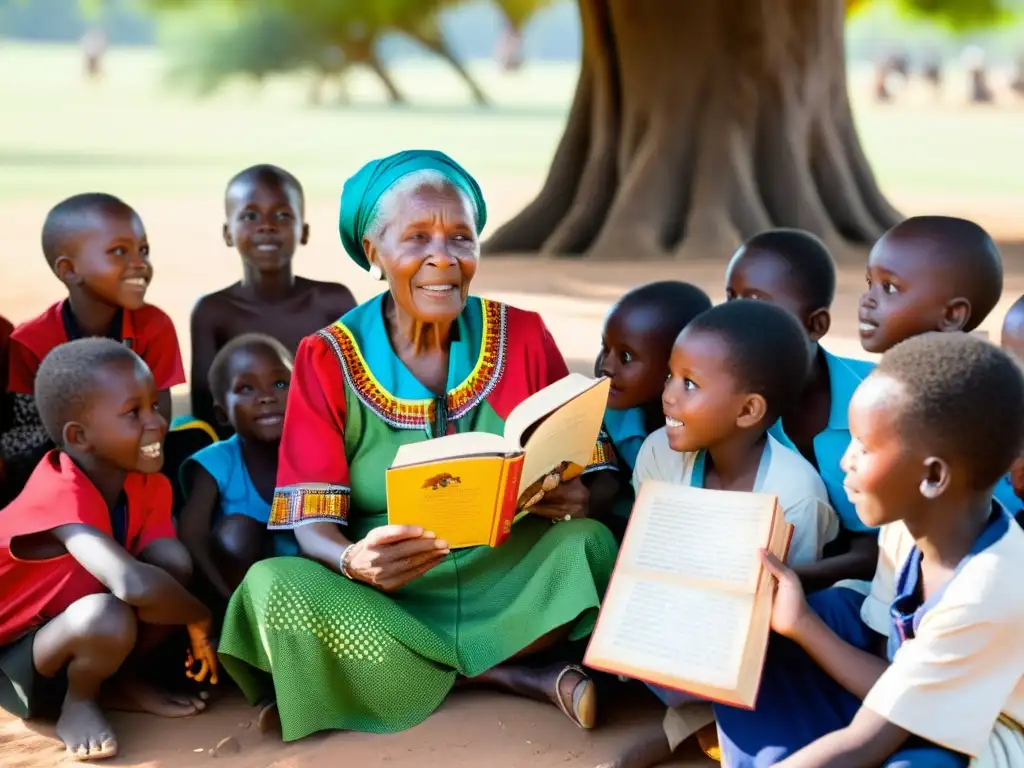 Una mujer anciana cuenta una historia a niños bajo un árbol en África Francófona, reflejando la diversidad lingüística y cultural de la región