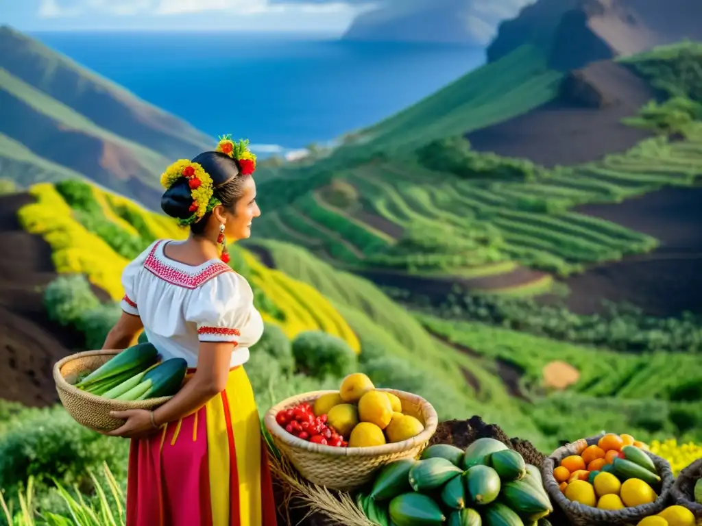 Una mujer canaria con atuendo tradicional y panoja colorida, en un campo verde rodeada de productos agrícolas, con montañas volcánicas al fondo