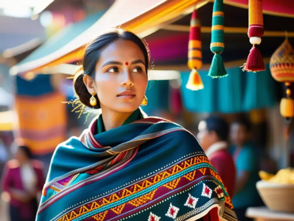 Una mujer con un chal tribal colorido y accesorios étnicos para transformar atuendo en un mercado bullicioso