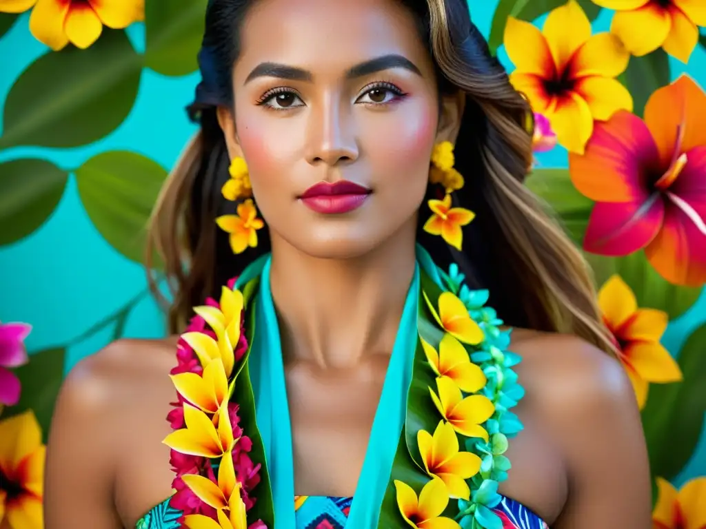 Una mujer polinesia contemporánea luce un pareo vibrante y un lei de flores tropicales, evocando la vestimenta tradicional polinesia contemporánea