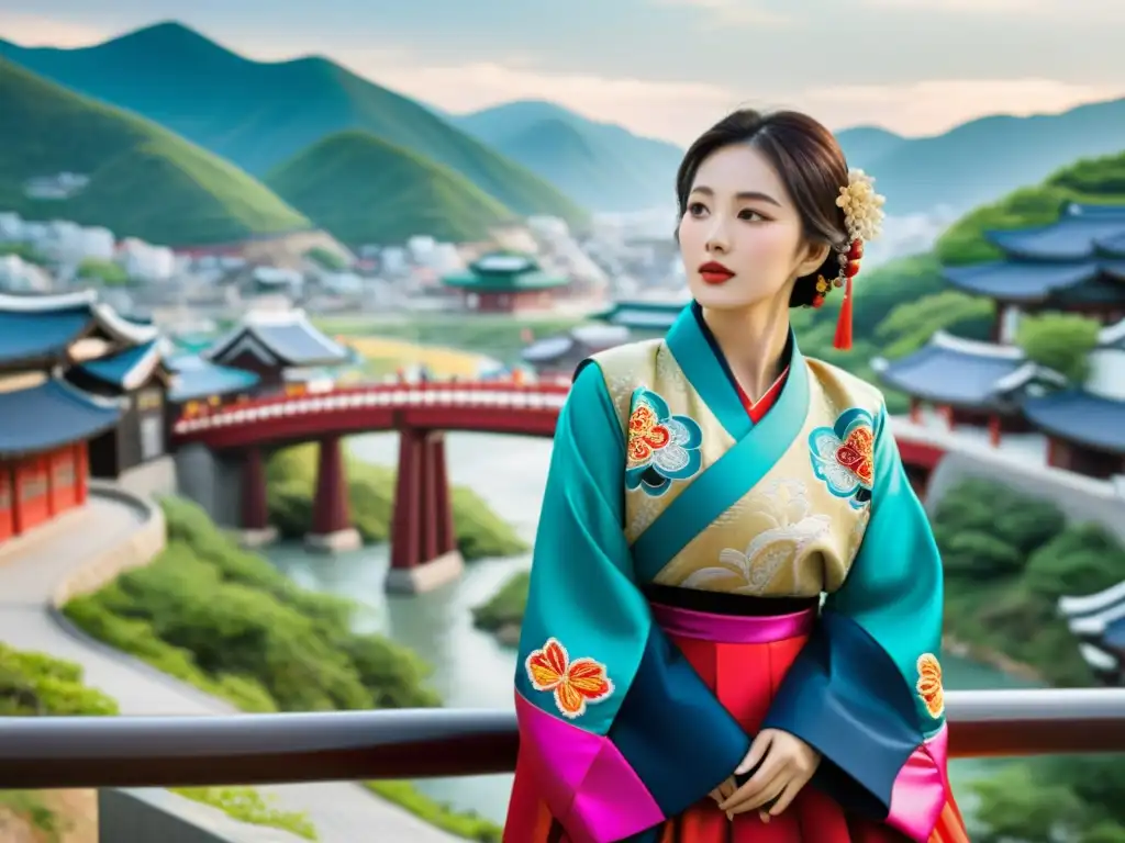 Una mujer coreana viste un hanbok vibrante en un puente que conecta lo tradicional con lo moderno