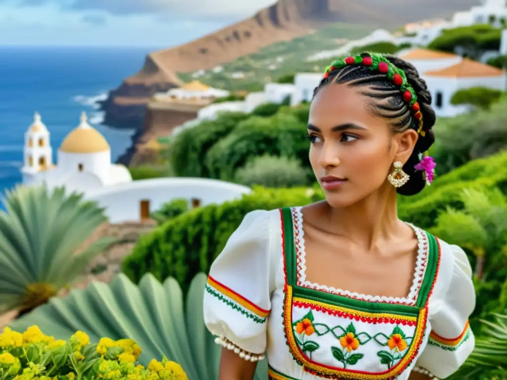 Una mujer viste un detallado traje típico de España folclórica, con bordados y colores vibrantes, rodeada de exuberante vegetación y arquitectura canaria