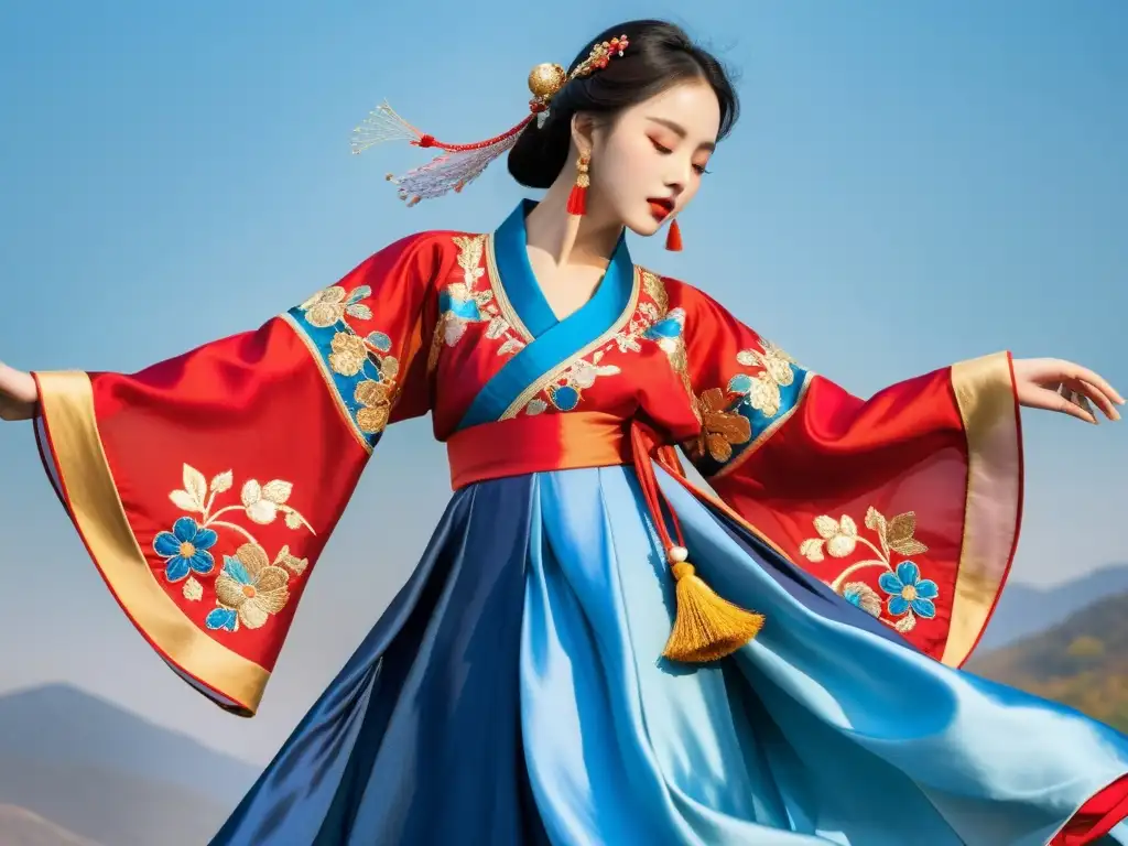 Una mujer baila con elegancia vistiendo un hanbok tradicional, evocando las tradiciones del Año Nuevo Lunar en Corea