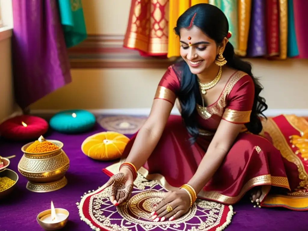 Una mujer india aplica diseños de henna rodeada de telas y ornamentos coloridos, preparándose para el festival de Karva Chauth