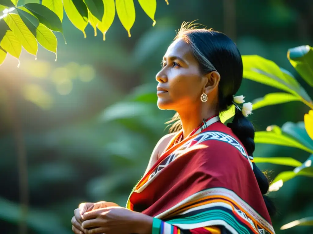 Una mujer indígena teje con destreza en medio de exuberante vegetación, representando la preservación cultural indígena