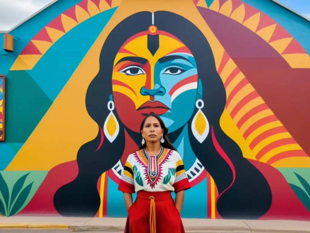 Una mujer indígena mira con determinación un mural vibrante que representa la lucha y la resiliencia de los pueblos indígenas en la era moderna