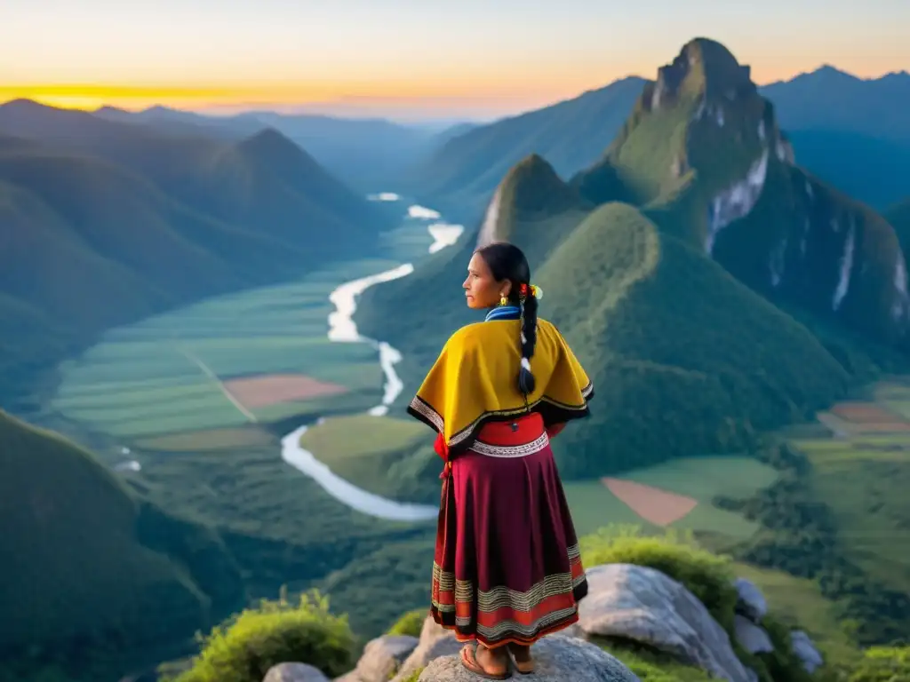 Una mujer indígena con traje tradicional se erige orgullosa en la cima de una montaña, observando un valle vasto y exuberante