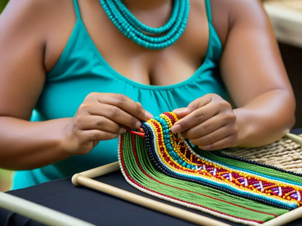 Una mujer isleña del Pacífico teje con destreza una joyería tradicional, reflejando la rica artesanía y cultura de las islas del Pacífico