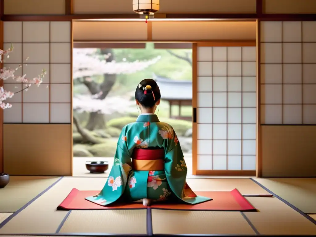 Una mujer japonesa elegantemente vestida realiza una ceremonia del té en un hermoso kimono