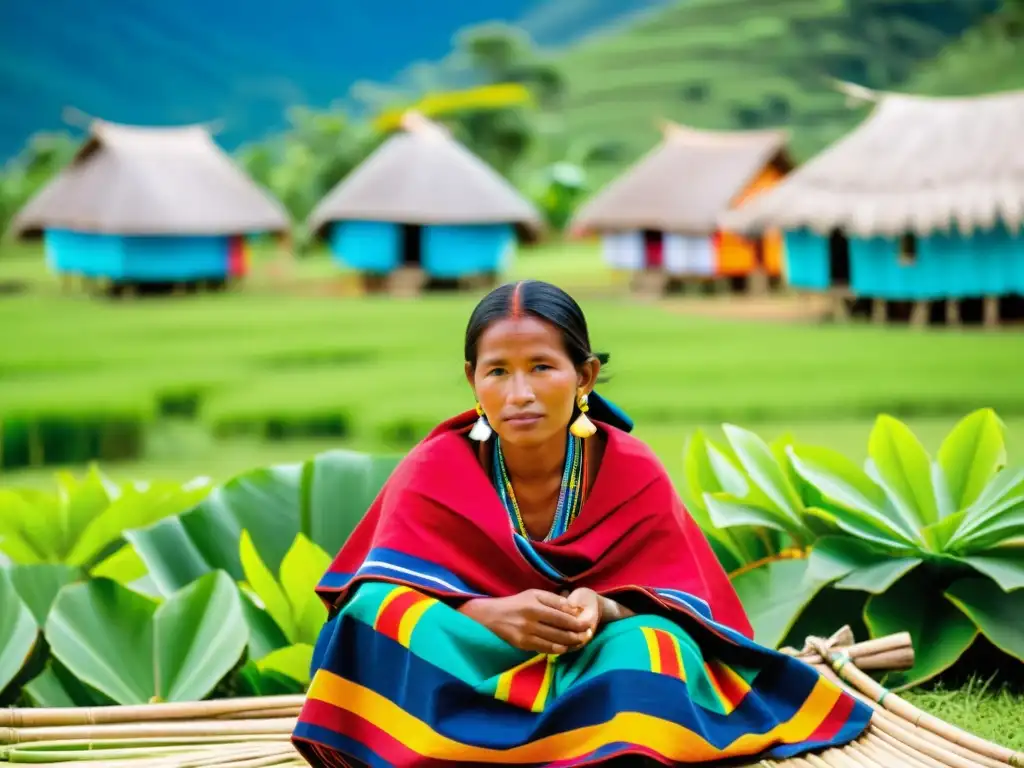 Una mujer Kuna en la Comarca de San Blas tejiendo Molas, rodeada de naturaleza y coloridas chozas