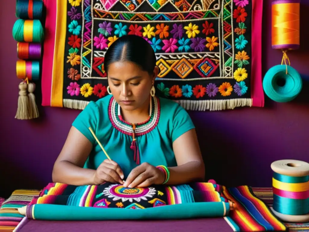 Una mujer maya borda un huipil con símbolos tradicionales, transmitiendo orgullo por el resurgimiento de los huipiles en las pasarelas internacionales