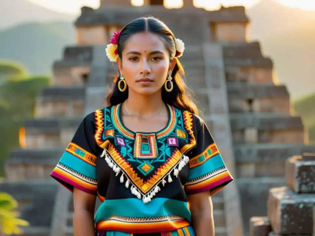 Una mujer maya orgullosa y digna lleva un hermoso huipil tradicional, con motivos y colores vibrantes, destacando la rica artesanía de la cultura maya