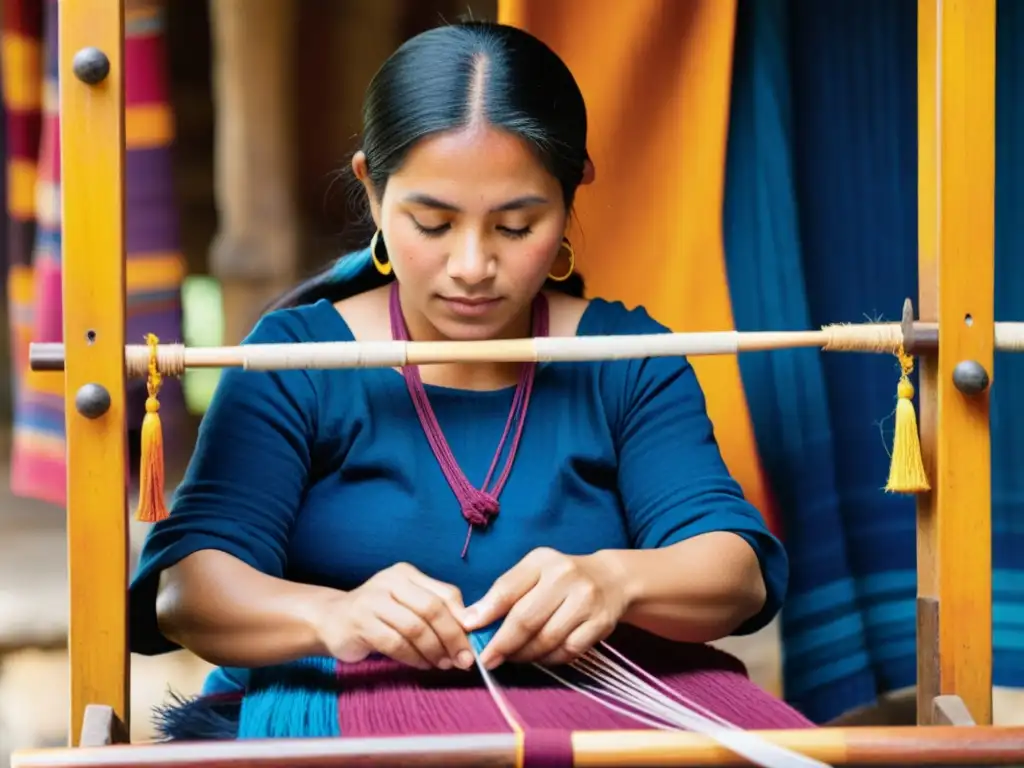 Una mujer maya teje en un telar tradicional rodeada de hilos vibrantes