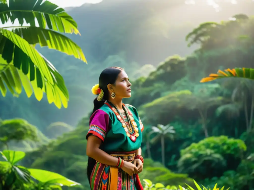 Una mujer maya tradicional con hermosa moda étnica en el cine se destaca en la exuberante jungla, irradiando orgullo y gracia