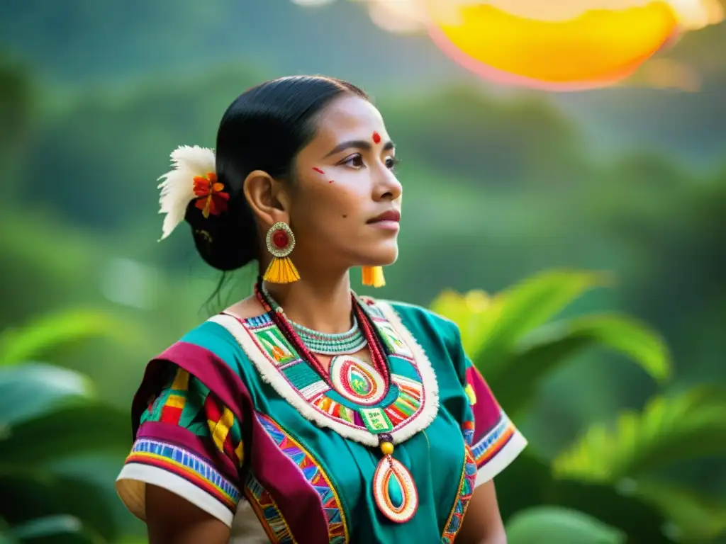 Una mujer maya con vestimenta tradicional luce orgullosa en un paisaje tropical