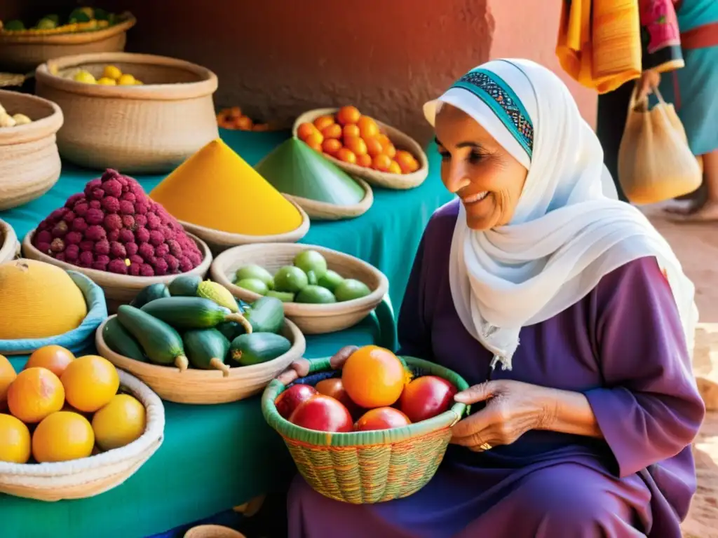 Una mujer mayor con hijab en un bullicioso mercado marroquí, seleccionando frutas y verduras