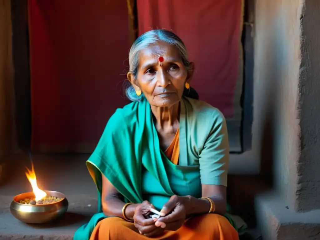 Una mujer mayor viste ropa tradicional india frente a un pequeño altar