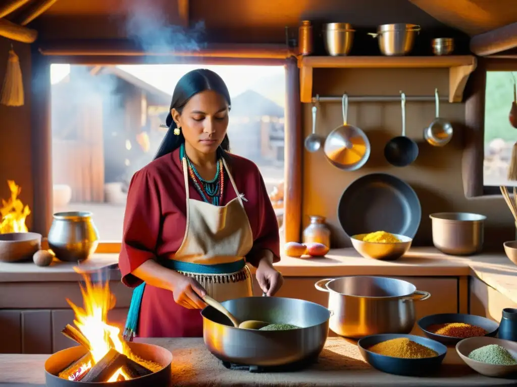 Una mujer nativa americana preparando recetas tradicionales en una cocina rústica y soleada