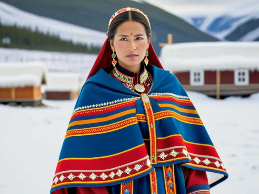 Una mujer sami viste colorida vestimenta tradicional en un paisaje nevado