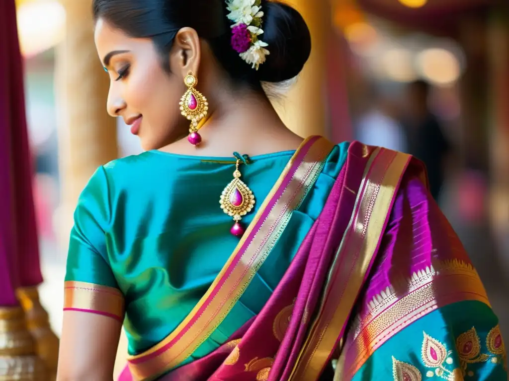 Una mujer lleva un sari de seda con vibrantes colores magenta, dorado y turquesa, simbolizando tradición y feminidad en India