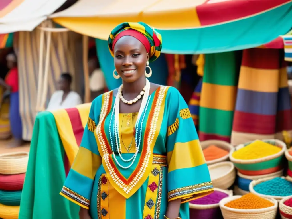 Una mujer senegalesa viste un boubou vibrante y accesorios tradicionales en un mercado africano