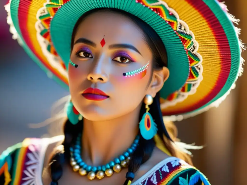 Una mujer con un sombrero mexicano tradicional adornado con bordados y plumas coloridas