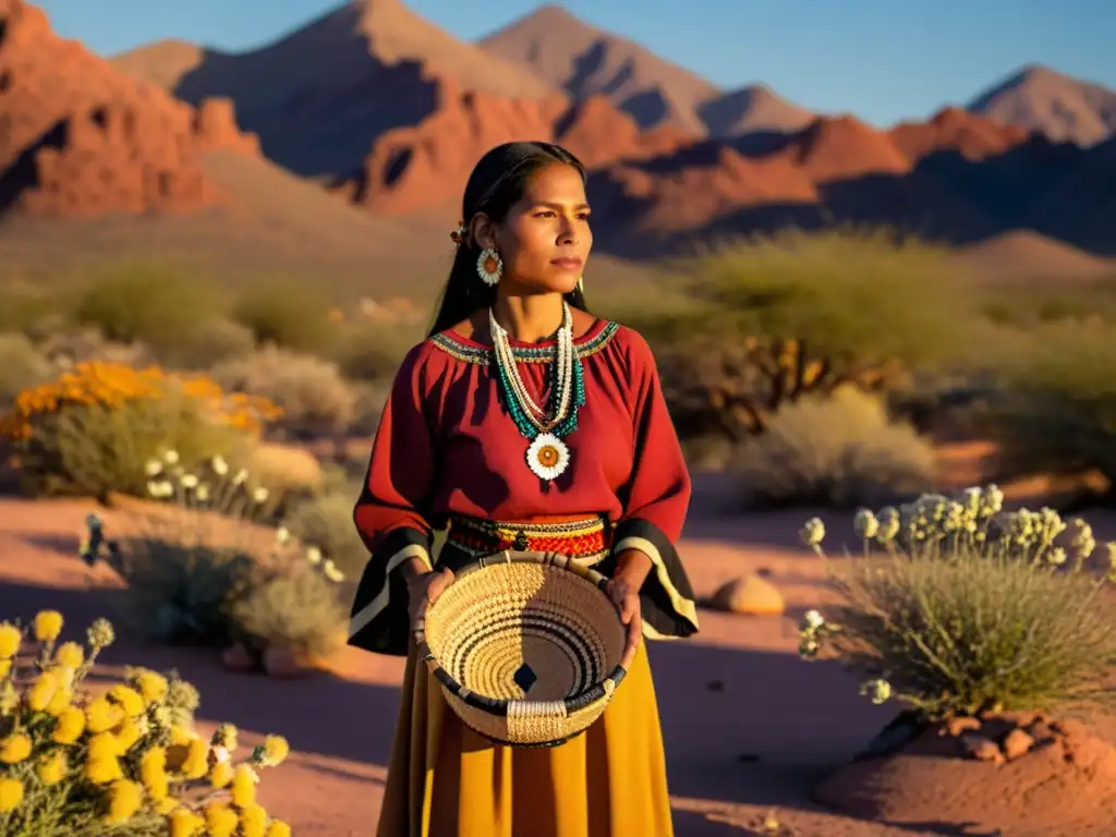 Una mujer Tohono O'odham en vestimenta tradicional, con cesta y flores del desierto, bajo un vibrante atardecer