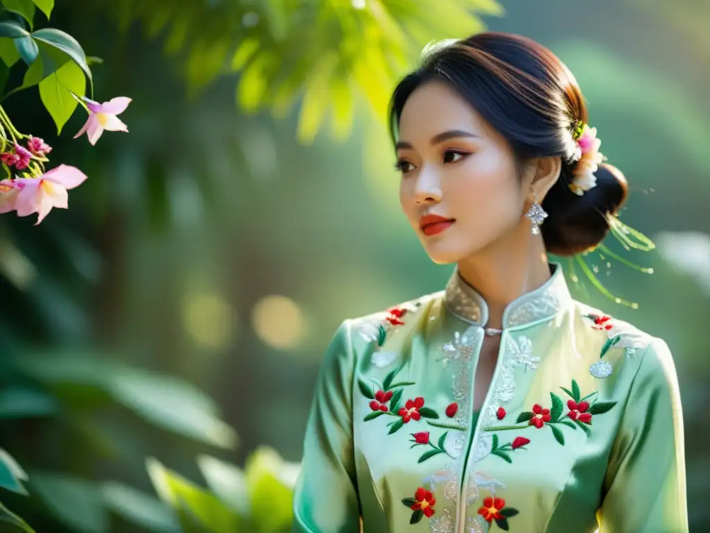 Una mujer vietnamita lleva un elegante Ao Dai, mostrando su belleza y simbolismo cultural entre la exuberante naturaleza