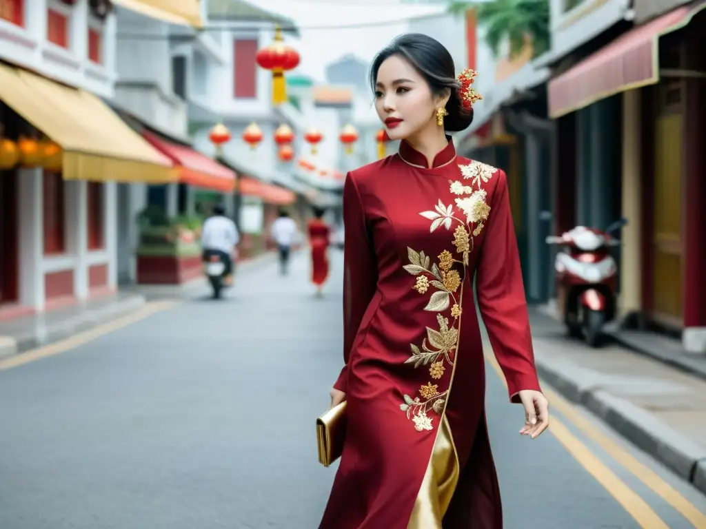 Una mujer vietnamita lleva un Ao Dai rojo, símbolo de elegancia y modernidad en Vietnam, caminando por una bulliciosa ciudad