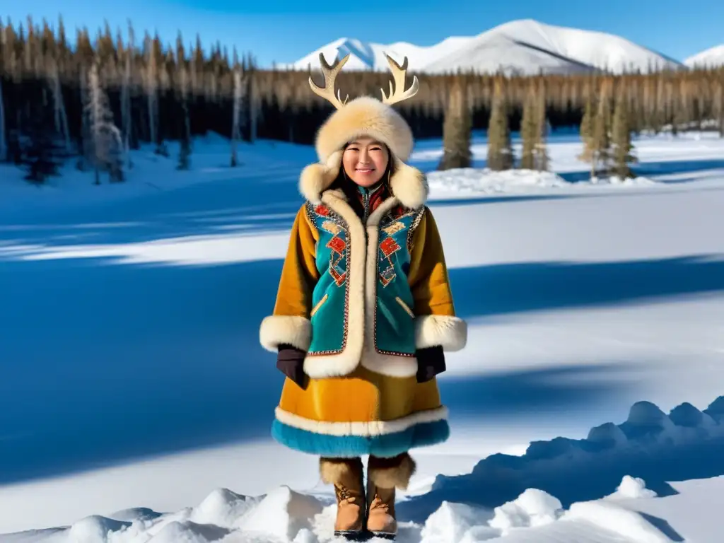 Una mujer Yakut viste Ropa tradicional Siberiana para climas extremos, resaltando elegancia en el frío y la naturaleza