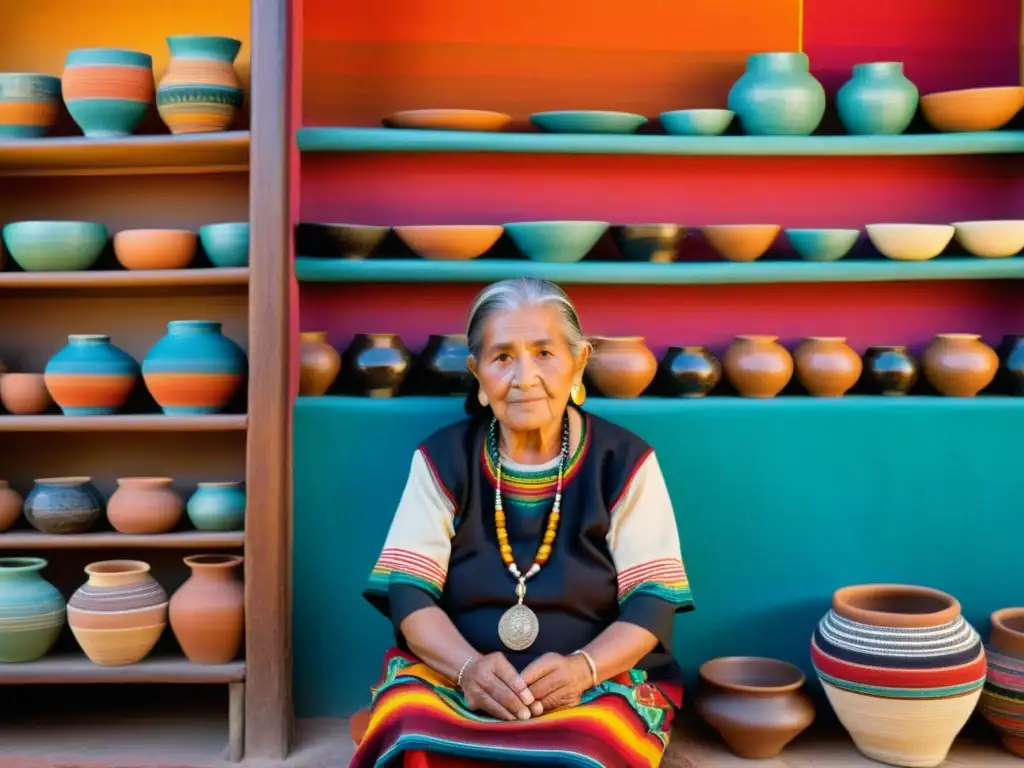 Una mujer zapoteca mayor tejiendo una colorida artesanía, evocando la tradición zapoteca en Oaxaca